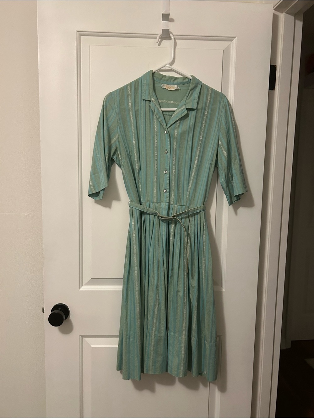 Vintage 60’s Light Teal Striped Button-Front Midi Dress with Belt